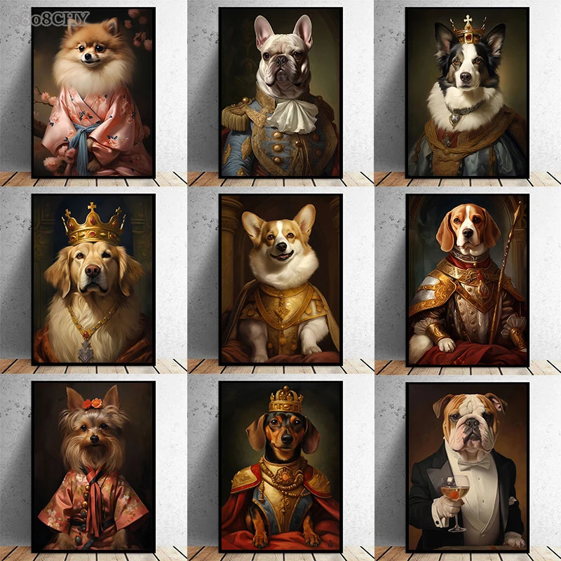 Animal Dog Portrait Art Canvas Painting Dog Dressed King Funny Posters and Prints Wall Art Pictures for Home Living Room Decor
