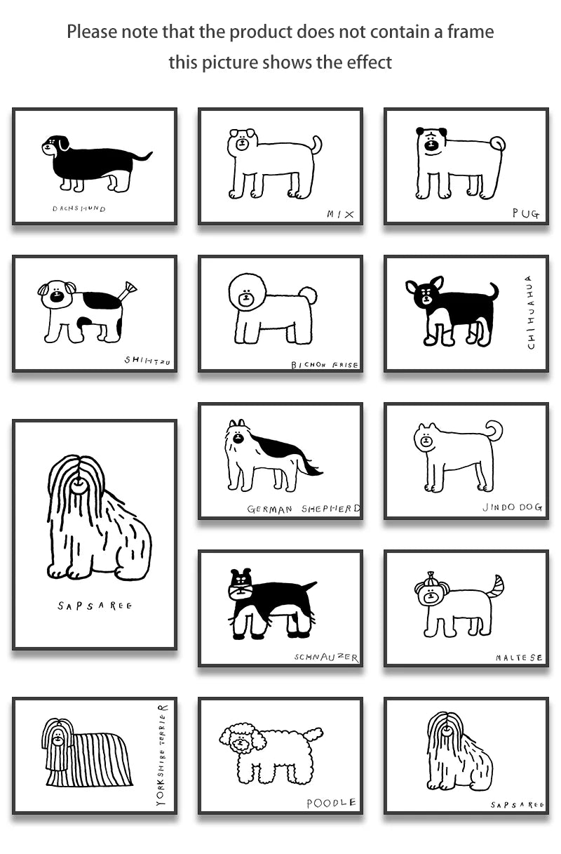 Wall Art Canvas Print Painting Poster Picture Black White Cute Animal Puppy Dog Modern Nordic Korean Living Room Home Decor