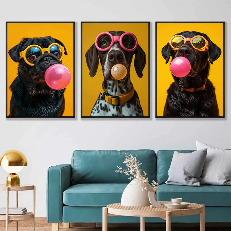Animals Funny Prints Dog Colorful Bubblegum Sunglasses Poster Samoyed French Bulldog Canvas Painting Wall Art Picture Home Decor