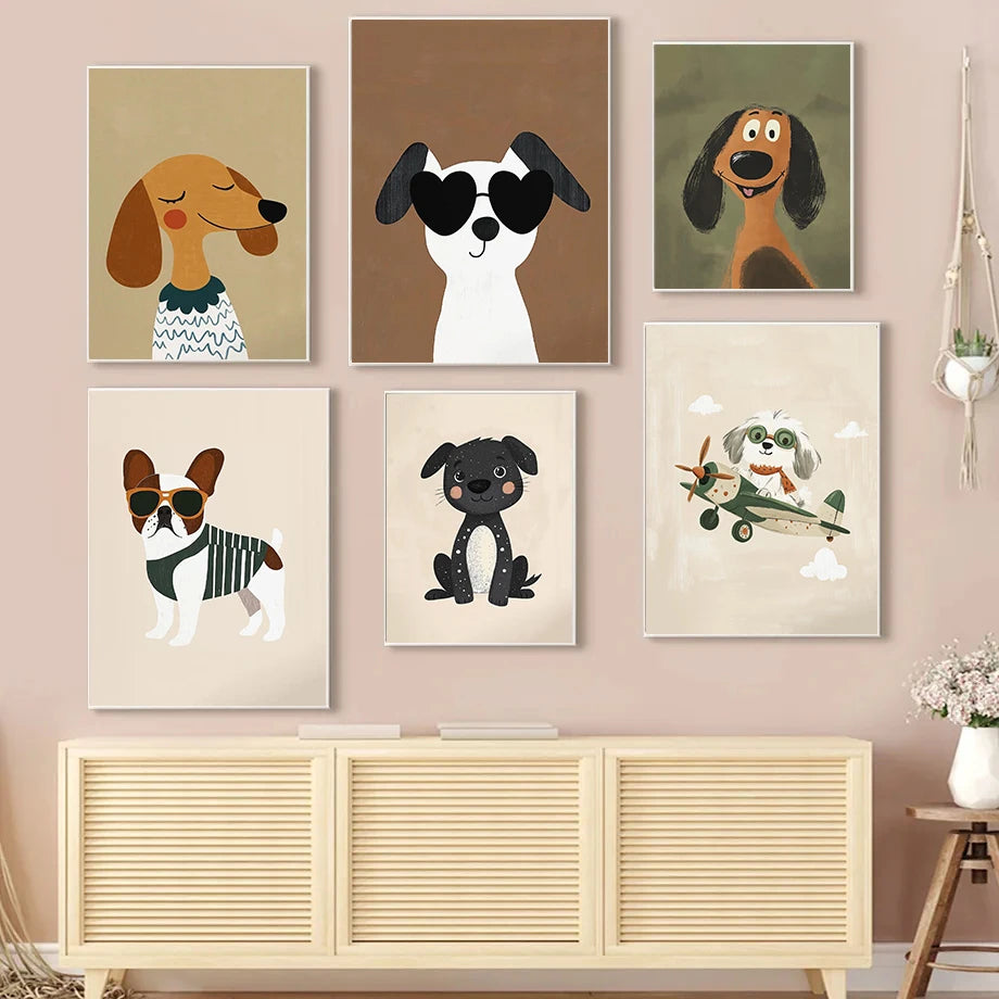 Cute Animal Nordic Art Colorful Cartoon Dog Illustrations Poster Canvas Paintings Wall Art Pictures Kindergarten Home Decor