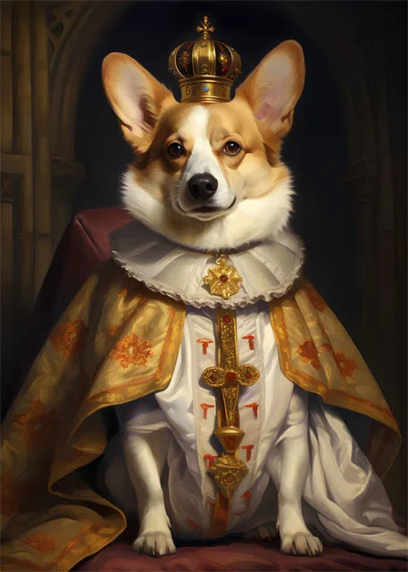 Animal Dog Portrait Art Canvas Painting Dog Dressed King Funny Posters and Prints Wall Art Pictures for Home Living Room Decor