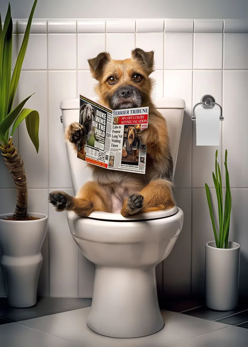 Funny Bathroom Poster Dog Reading Newspaper On Toilet Prints Pet Owner Gift Canvas Painting Wall Art Picture Home Bathroom Decor