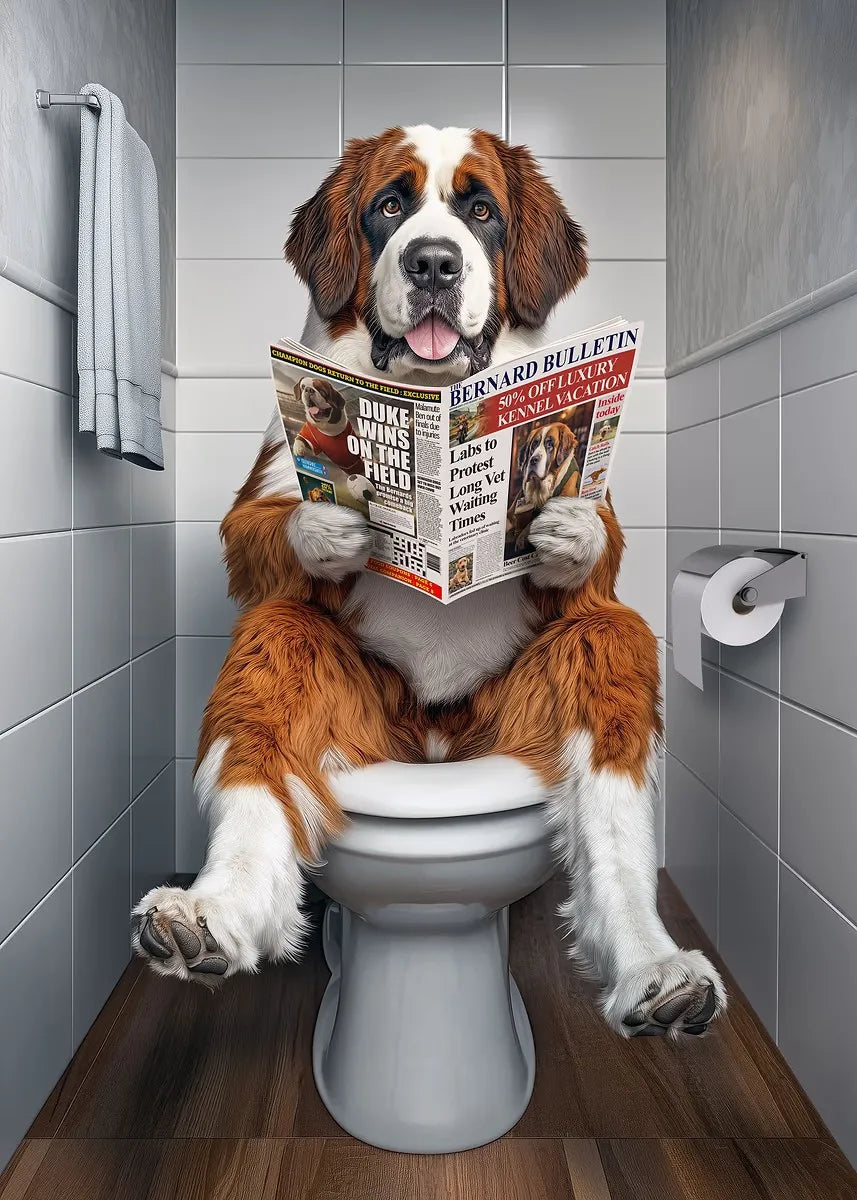 Funny Bathroom Poster Dog Reading Newspaper On Toilet Prints Pet Owner Gift Canvas Painting Wall Art Picture Home Bathroom Decor