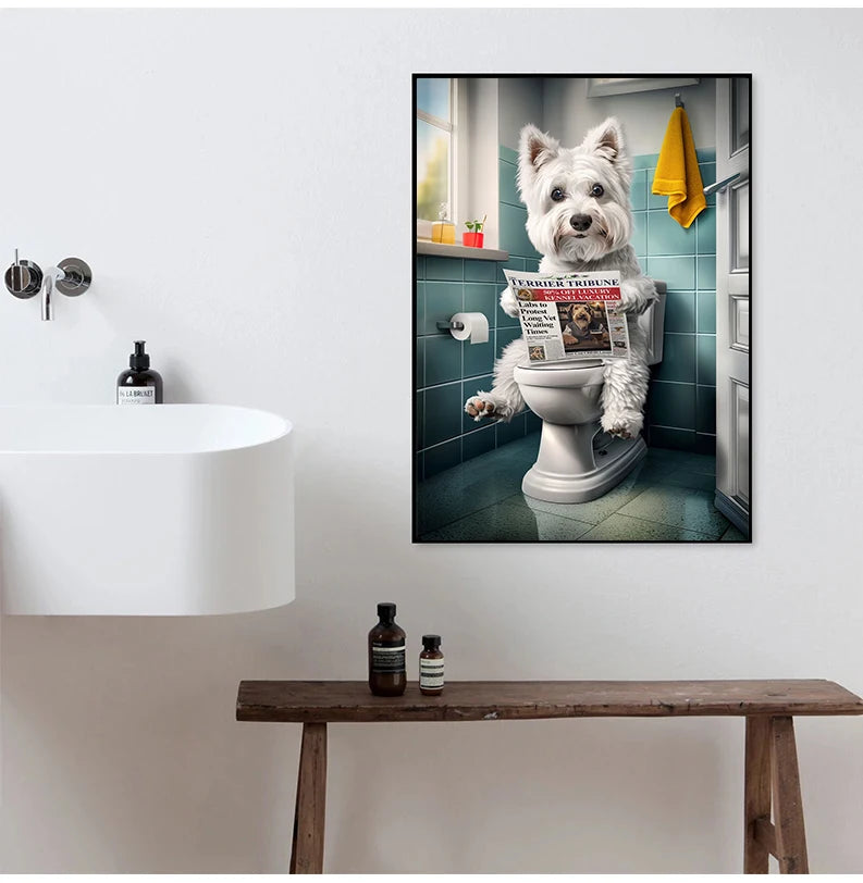 Funny Bathroom Poster Dog Reading Newspaper On Toilet Prints Pet Owner Gift Canvas Painting Wall Art Picture Home Bathroom Decor