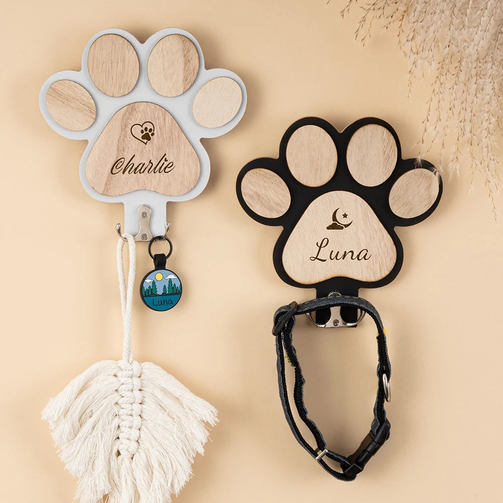 Personalized Wooden Dog Paw Wall Hook Custom Pet Leash Holder Collar Key Coat Rack Home Organization Decor Pet Memorial Gift