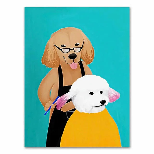 Funny Cartoon Animal Poster Modern Nordic Wall Art Dog Cat Beauty Salon Canvas Painting Cat Playing Guitar Print Home Room Decor