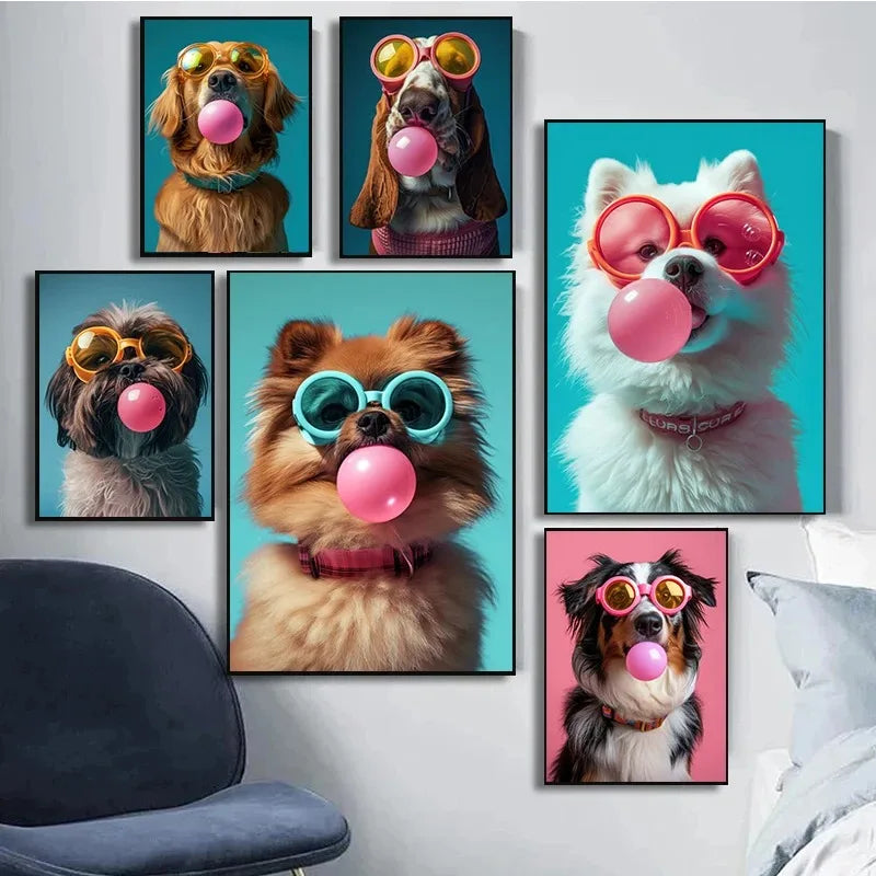 Animals Funny Prints Dog Colorful Bubblegum Sunglasses Poster Samoyed French Bulldog Canvas Painting Wall Art Picture Home Decor