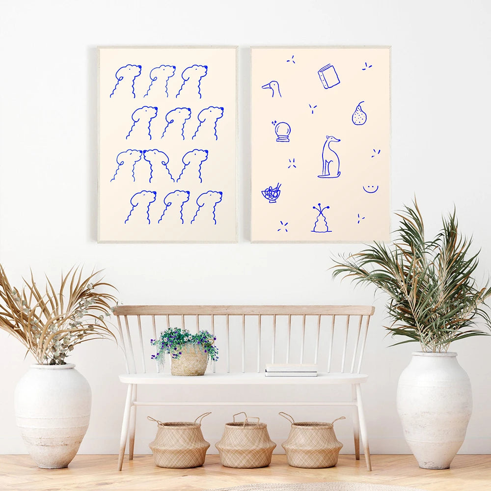 Cute Blue Line Dog Poster Abstract Pet Wall Picture Animals Canvas Painting Minimalist Art Print Modern Nursery Bedroom Decor