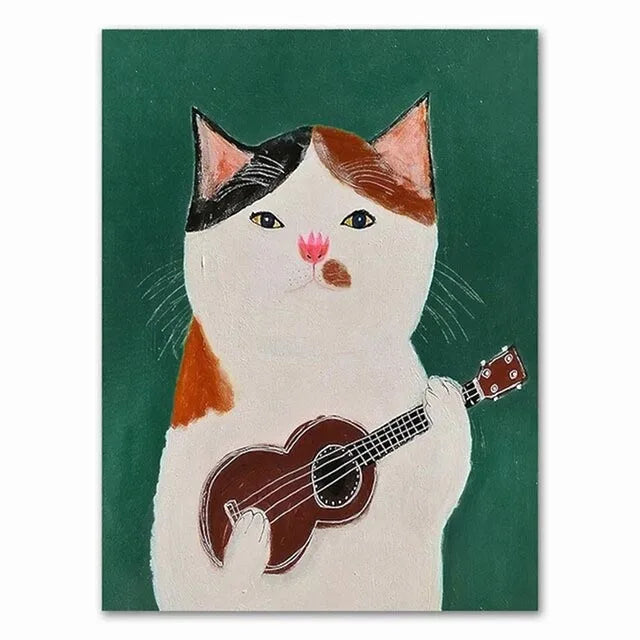 Funny Cartoon Animal Poster Modern Nordic Wall Art Dog Cat Beauty Salon Canvas Painting Cat Playing Guitar Print Home Room Decor