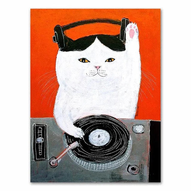 Funny Cartoon Animal Poster Modern Nordic Wall Art Dog Cat Beauty Salon Canvas Painting Cat Playing Guitar Print Home Room Decor