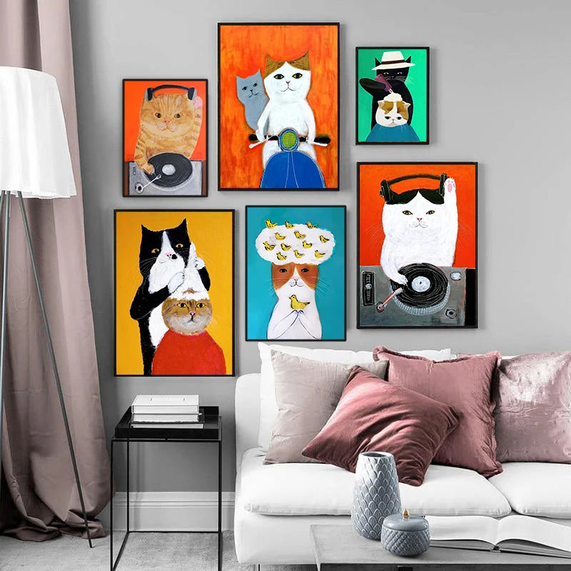 Funny Cartoon Animal Poster Modern Nordic Wall Art Dog Cat Beauty Salon Canvas Painting Cat Playing Guitar Print Home Room Decor