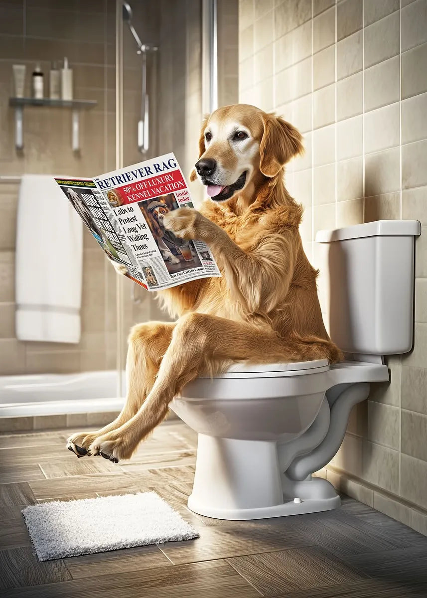 Funny Bathroom Poster Dog Reading Newspaper On Toilet Prints Pet Owner Gift Canvas Painting Wall Art Picture Home Bathroom Decor