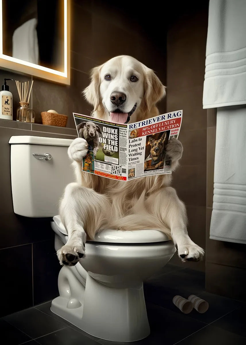 Funny Bathroom Poster Dog Reading Newspaper On Toilet Prints Pet Owner Gift Canvas Painting Wall Art Picture Home Bathroom Decor