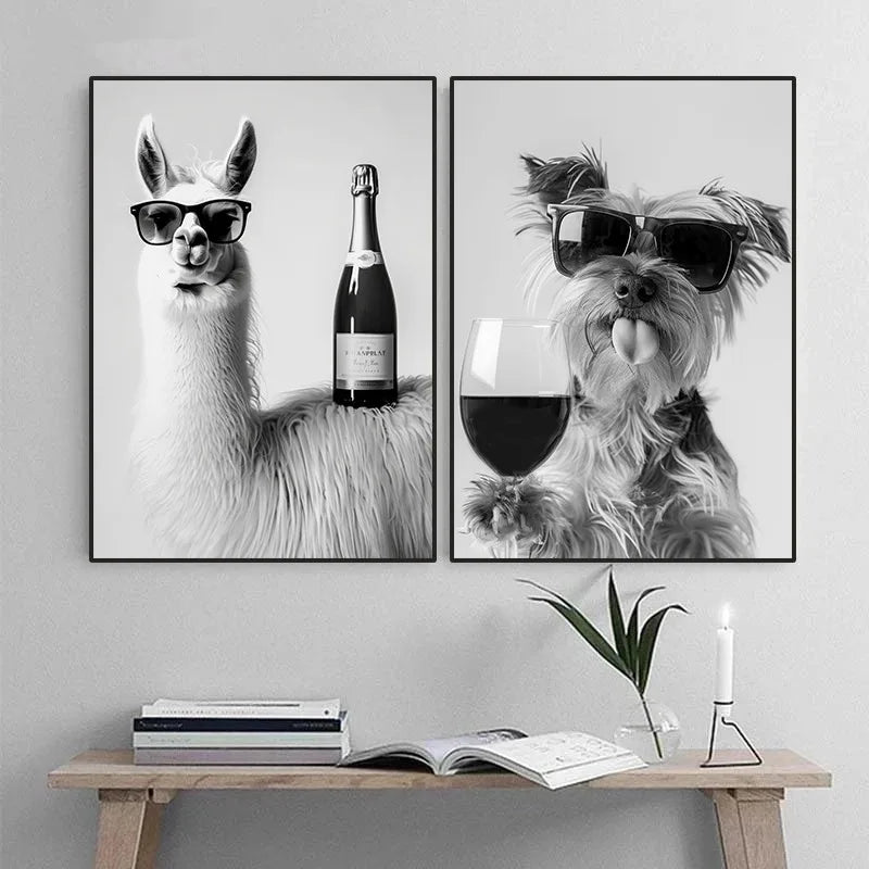 Black and White Funny Animal Poster Drinking Dog and Wine Glasses Canvas Painting Pet Wall Art Kitchen Room Home Decor Mural
