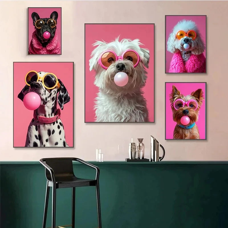 Animals Funny Prints Dog Colorful Bubblegum Sunglasses Poster Samoyed French Bulldog Canvas Painting Wall Art Picture Home Decor