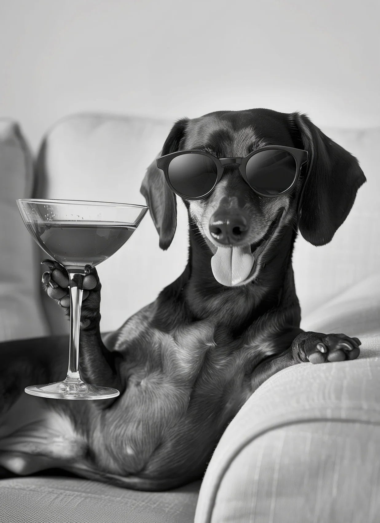 Black and White Funny Animal Poster Drinking Dog and Wine Glasses Canvas Painting Pet Wall Art Kitchen Room Home Decor Mural