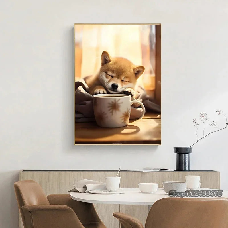 Cute Dogs Golden Retriever French Bulldog Pup Coffee Poster Print Canvas Painting Funny Animal Wall Art Kitchen Room Home Decor