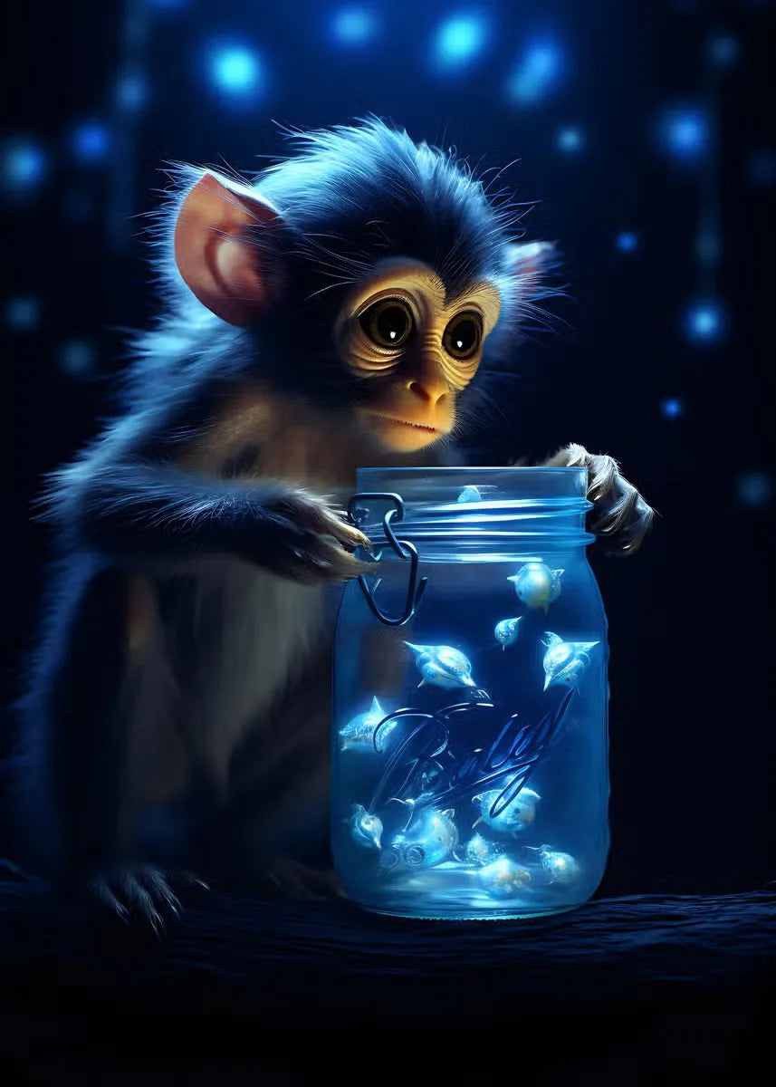 Cute Animal Poster Blue Fluorescence Butterfly Lion Dog Monkey Tiger Prints Canvas Painting Wall Art Picture Kids Room Decor