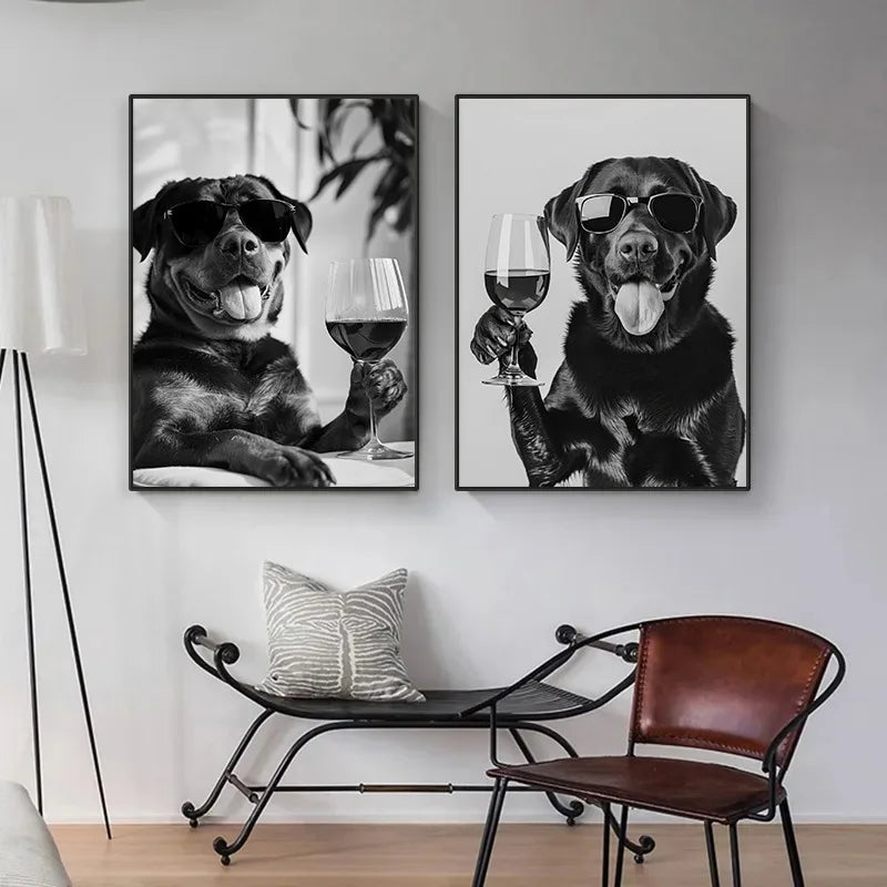 Black and White Funny Animal Poster Drinking Dog and Wine Glasses Canvas Painting Pet Wall Art Kitchen Room Home Decor Mural