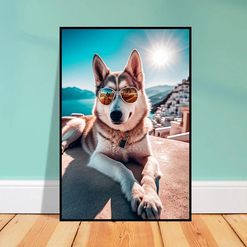 Dog Wearing Sunglasses Poster and Picture Beach Sun Cozy Wall Art Canvas Painting Bulldog KoKi Golden Retriever Print Home Decor