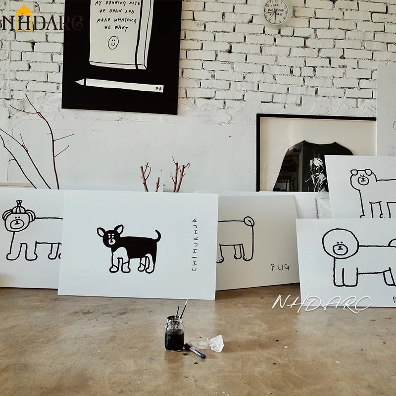 Wall Art Canvas Print Painting Poster Picture Black White Cute Animal Puppy Dog Modern Nordic Korean Living Room Home Decor