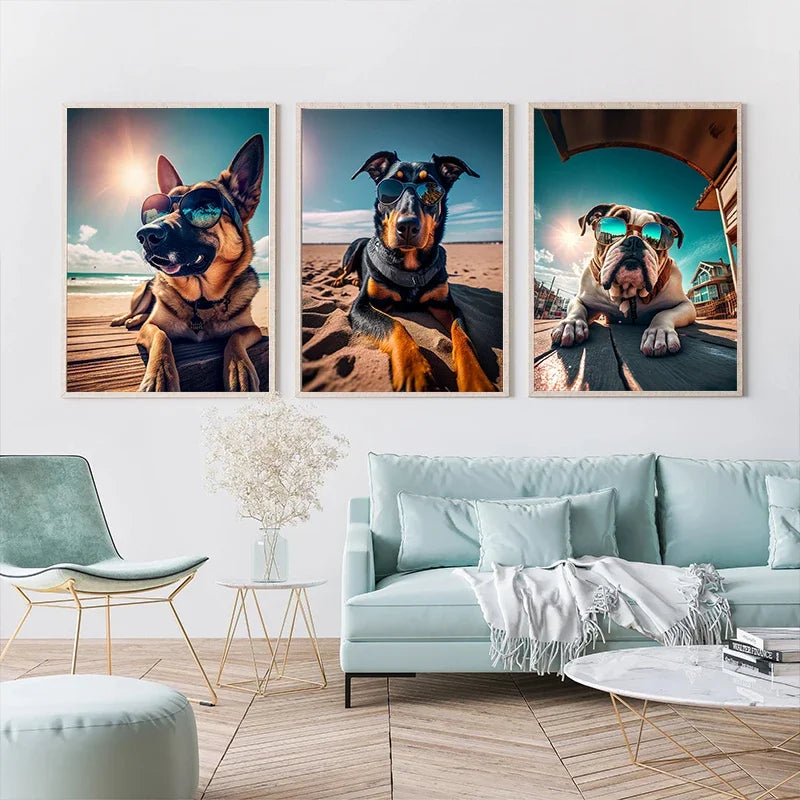 Dog Wearing Sunglasses Poster and Picture Beach Sun Cozy Wall Art Canvas Painting Bulldog KoKi Golden Retriever Print Home Decor