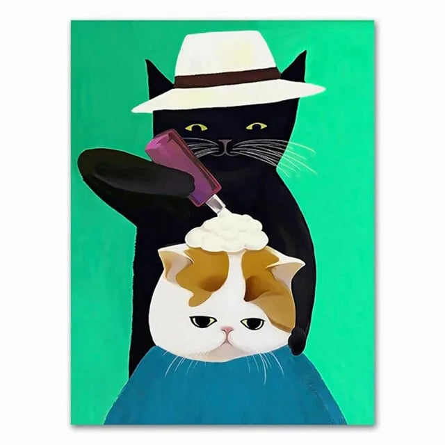 Funny Cartoon Animal Poster Modern Nordic Wall Art Dog Cat Beauty Salon Canvas Painting Cat Playing Guitar Print Home Room Decor