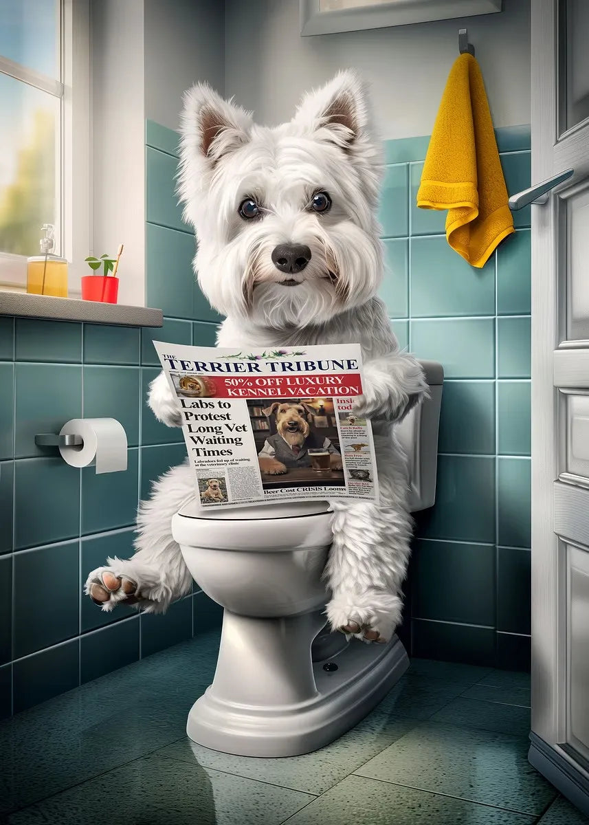 Funny Bathroom Poster Dog Reading Newspaper On Toilet Prints Pet Owner Gift Canvas Painting Wall Art Picture Home Bathroom Decor