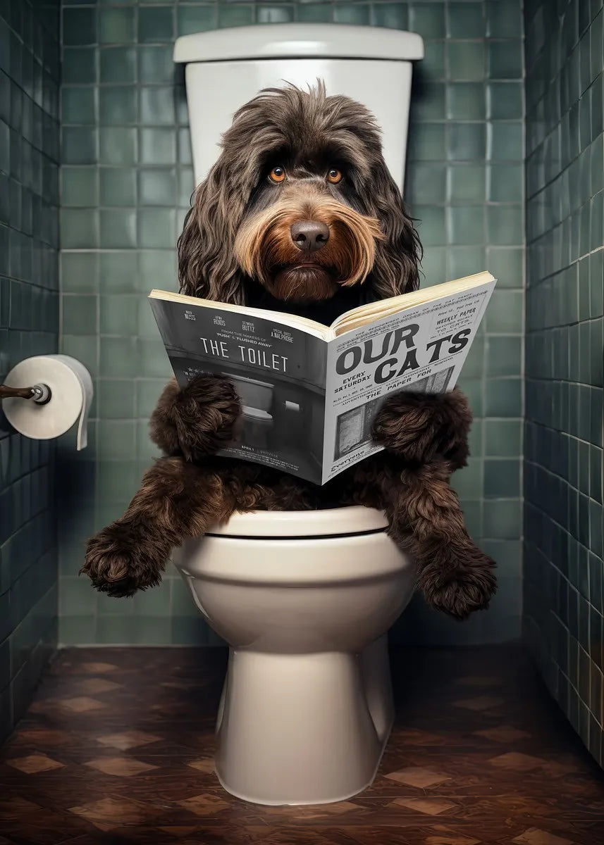 Funny Bathroom Poster Dog Reading Newspaper On Toilet Prints Pet Owner Gift Canvas Painting Wall Art Picture Home Bathroom Decor