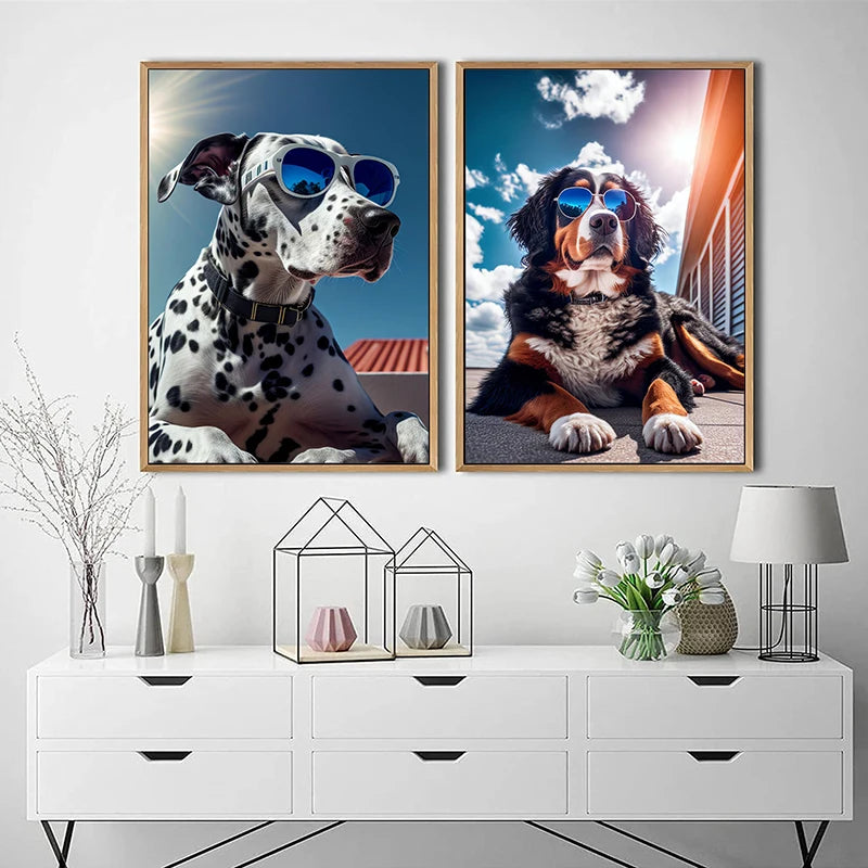 Dog Wearing Sunglasses Poster and Picture Beach Sun Cozy Wall Art Canvas Painting Bulldog KoKi Golden Retriever Print Home Decor