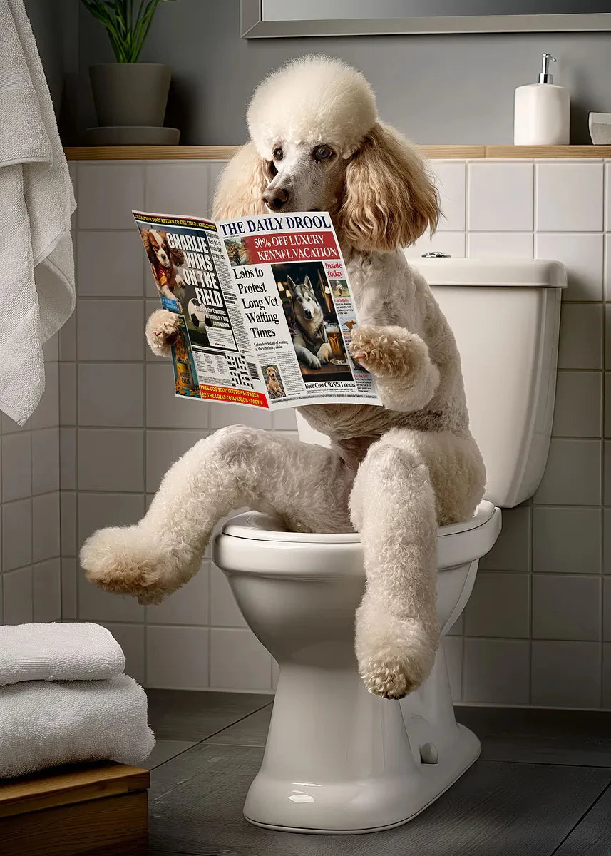 Funny Bathroom Poster Dog Reading Newspaper On Toilet Prints Pet Owner Gift Canvas Painting Wall Art Picture Home Bathroom Decor