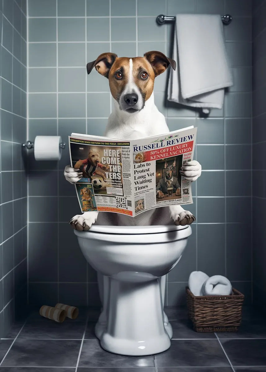 Funny Bathroom Poster Dog Reading Newspaper On Toilet Prints Pet Owner Gift Canvas Painting Wall Art Picture Home Bathroom Decor