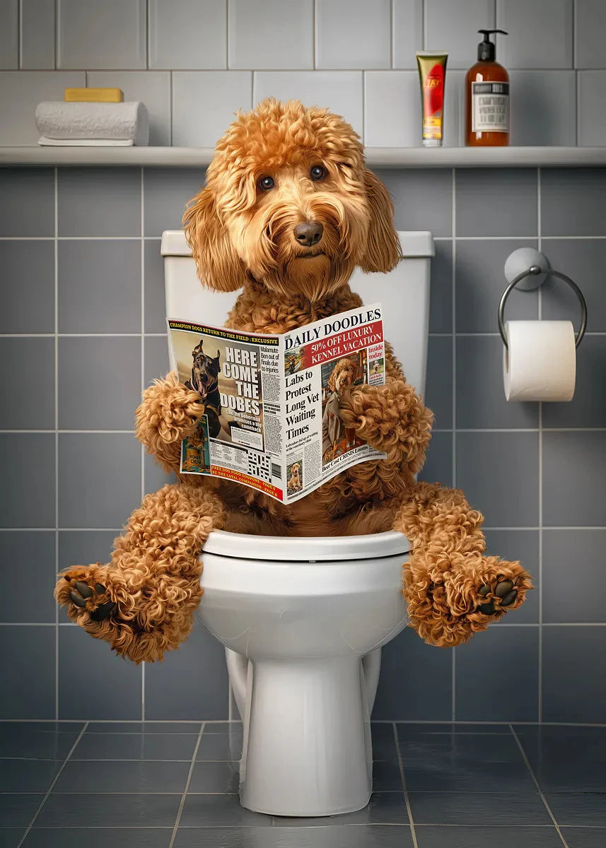 Funny Bathroom Poster Dog Reading Newspaper On Toilet Prints Pet Owner Gift Canvas Painting Wall Art Picture Home Bathroom Decor