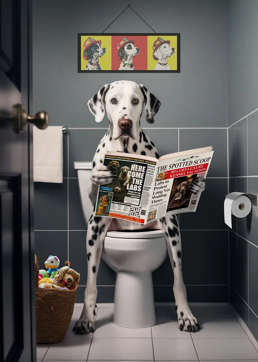 Funny Bathroom Poster Dog Reading Newspaper On Toilet Prints Pet Owner Gift Canvas Painting Wall Art Picture Home Bathroom Decor