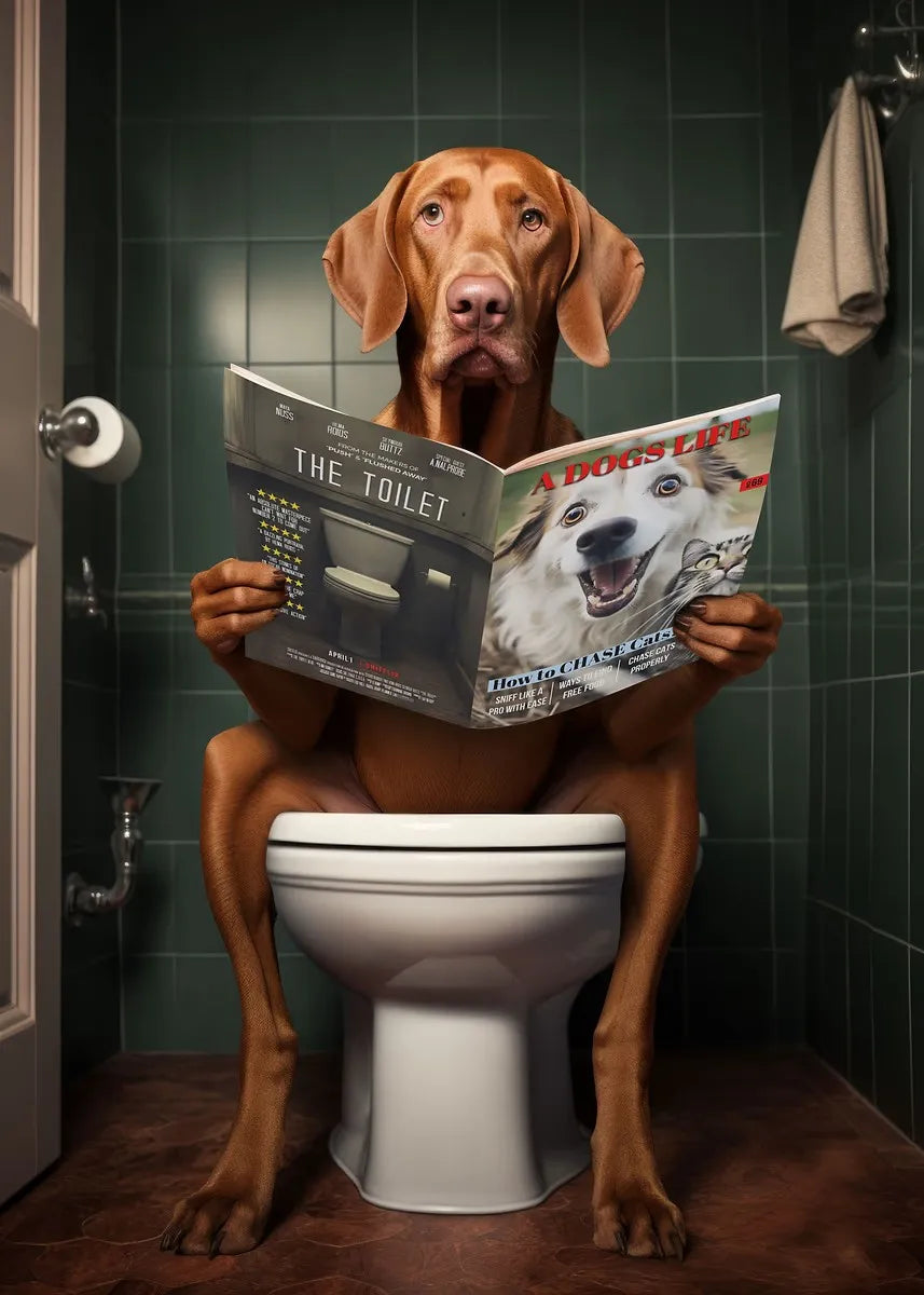 Funny Bathroom Poster Dog Reading Newspaper On Toilet Prints Pet Owner Gift Canvas Painting Wall Art Picture Home Bathroom Decor