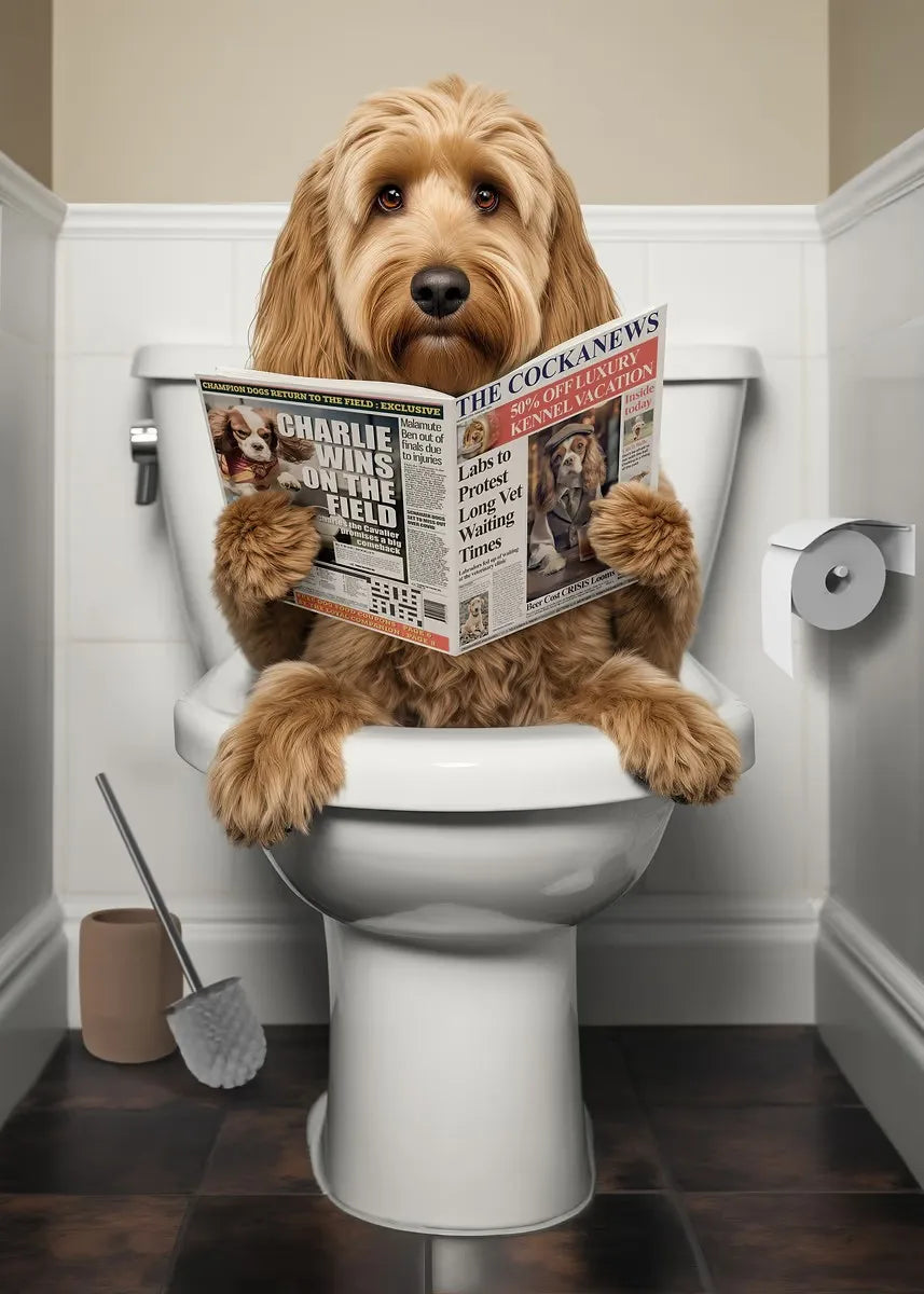 Funny Bathroom Poster Dog Reading Newspaper On Toilet Prints Pet Owner Gift Canvas Painting Wall Art Picture Home Bathroom Decor