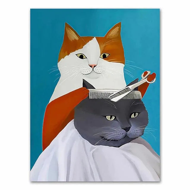 Funny Cartoon Animal Poster Modern Nordic Wall Art Dog Cat Beauty Salon Canvas Painting Cat Playing Guitar Print Home Room Decor