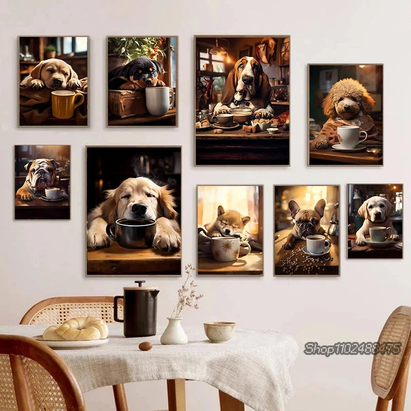 Cute Dogs Golden Retriever French Bulldog Pup Coffee Poster Print Canvas Painting Funny Animal Wall Art Kitchen Room Home Decor