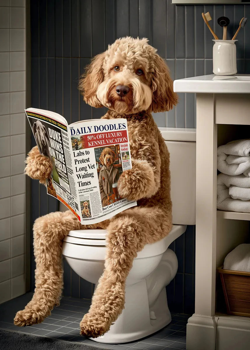 Funny Bathroom Poster Dog Reading Newspaper On Toilet Prints Pet Owner Gift Canvas Painting Wall Art Picture Home Bathroom Decor