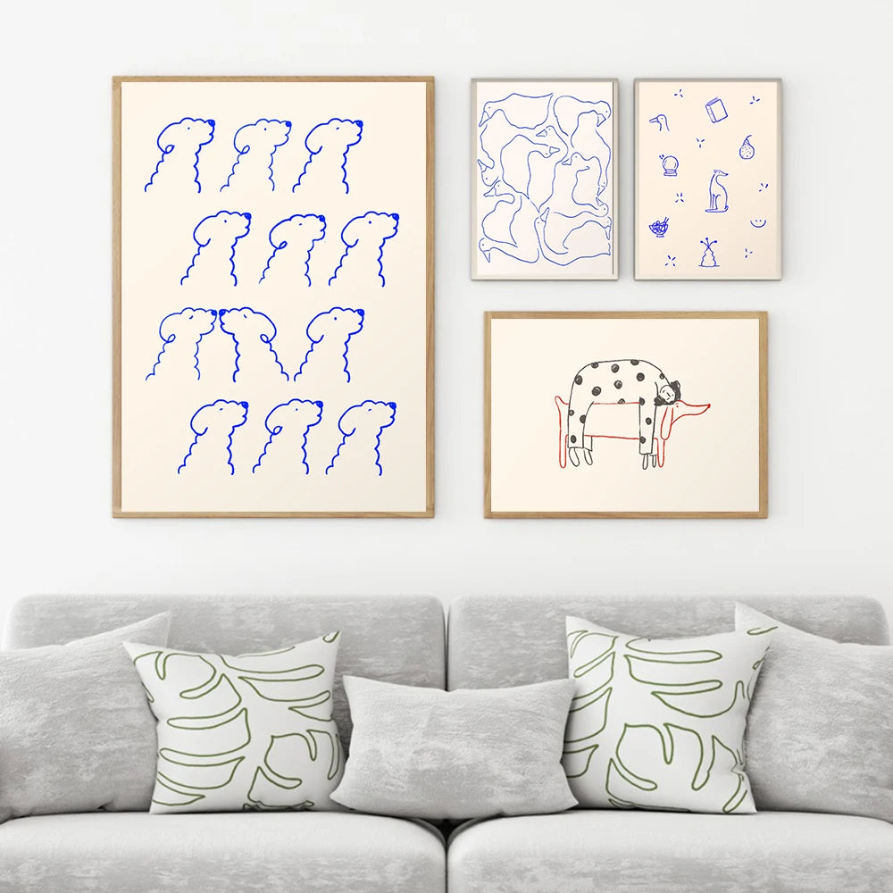 Cute Blue Line Dog Poster Abstract Pet Wall Picture Animals Canvas Painting Minimalist Art Print Modern Nursery Bedroom Decor