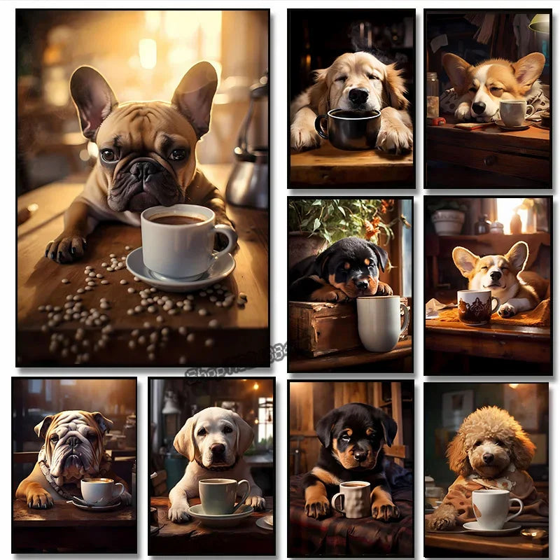 Cute Dogs Golden Retriever French Bulldog Pup Coffee Poster Print Canvas Painting Funny Animal Wall Art Kitchen Room Home Decor