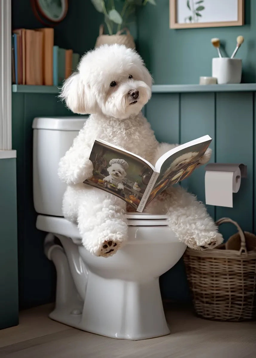 Funny Bathroom Poster Dog Reading Newspaper On Toilet Prints Pet Owner Gift Canvas Painting Wall Art Picture Home Bathroom Decor