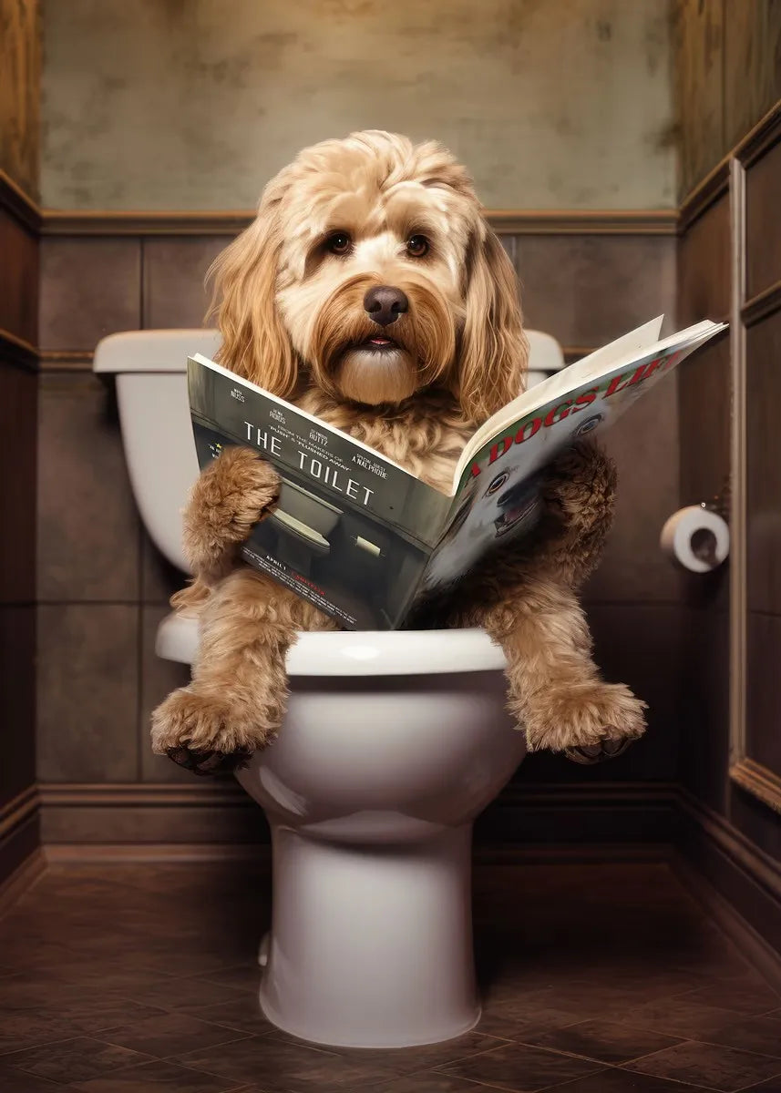 Funny Bathroom Poster Dog Reading Newspaper On Toilet Prints Pet Owner Gift Canvas Painting Wall Art Picture Home Bathroom Decor