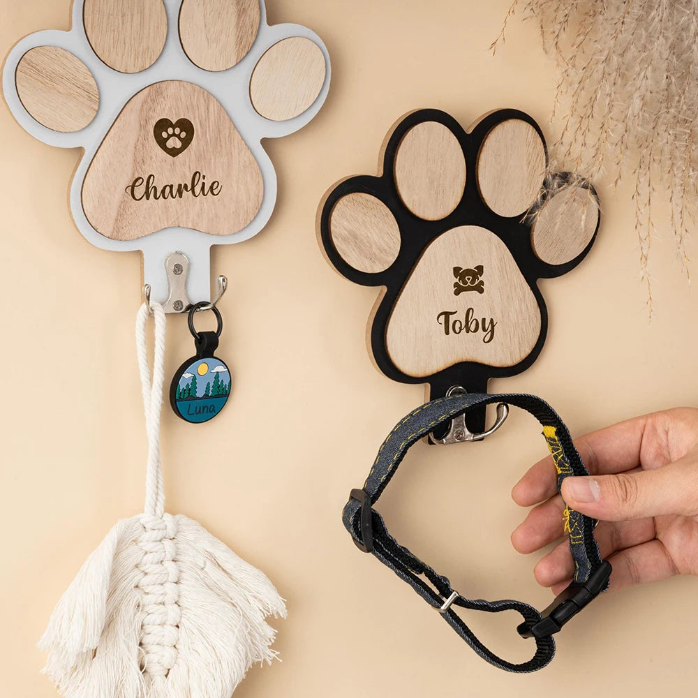 Personalized Wooden Dog Paw Wall Hook Custom Pet Leash Holder Collar Key Coat Rack Home Organization Decor Pet Memorial Gift