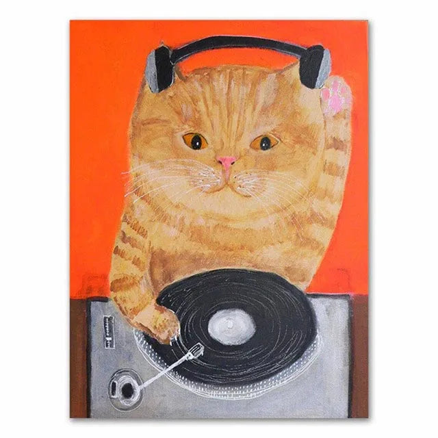 Funny Cartoon Animal Poster Modern Nordic Wall Art Dog Cat Beauty Salon Canvas Painting Cat Playing Guitar Print Home Room Decor