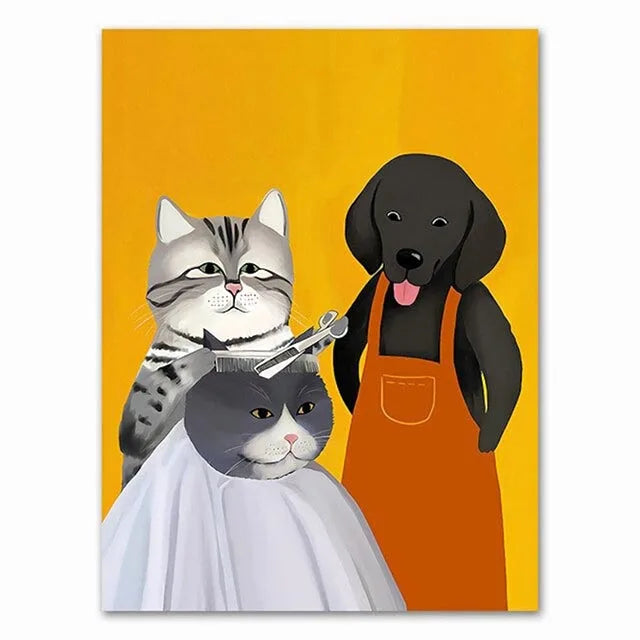 Funny Cartoon Animal Poster Modern Nordic Wall Art Dog Cat Beauty Salon Canvas Painting Cat Playing Guitar Print Home Room Decor