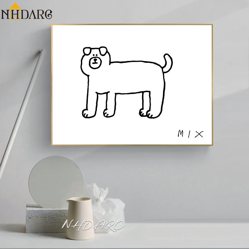 Wall Art Canvas Print Painting Poster Picture Black White Cute Animal Puppy Dog Modern Nordic Korean Living Room Home Decor