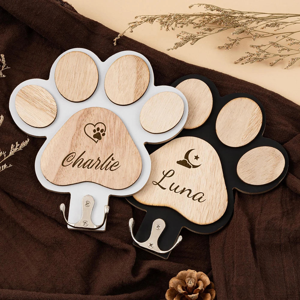 Personalized Wooden Dog Paw Wall Hook Custom Pet Leash Holder Collar Key Coat Rack Home Organization Decor Pet Memorial Gift