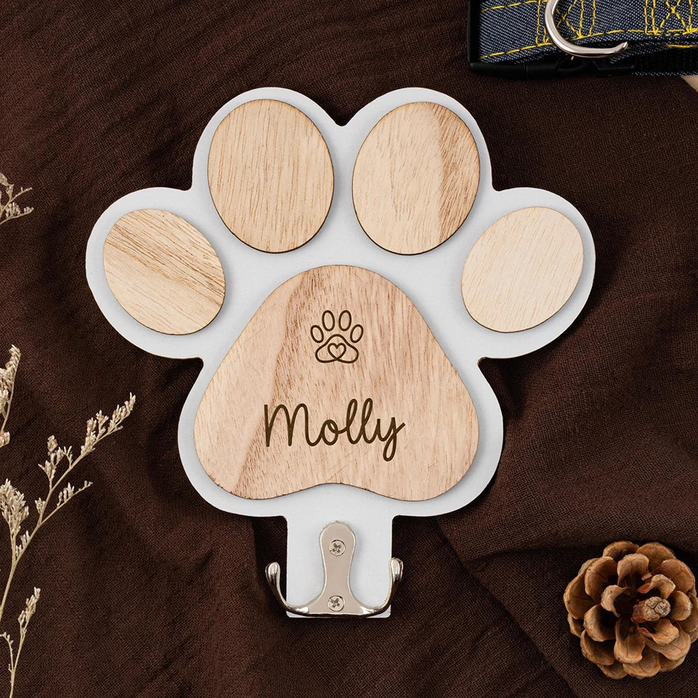 Personalized Wooden Dog Paw Wall Hook Custom Pet Leash Holder Collar Key Coat Rack Home Organization Decor Pet Memorial Gift