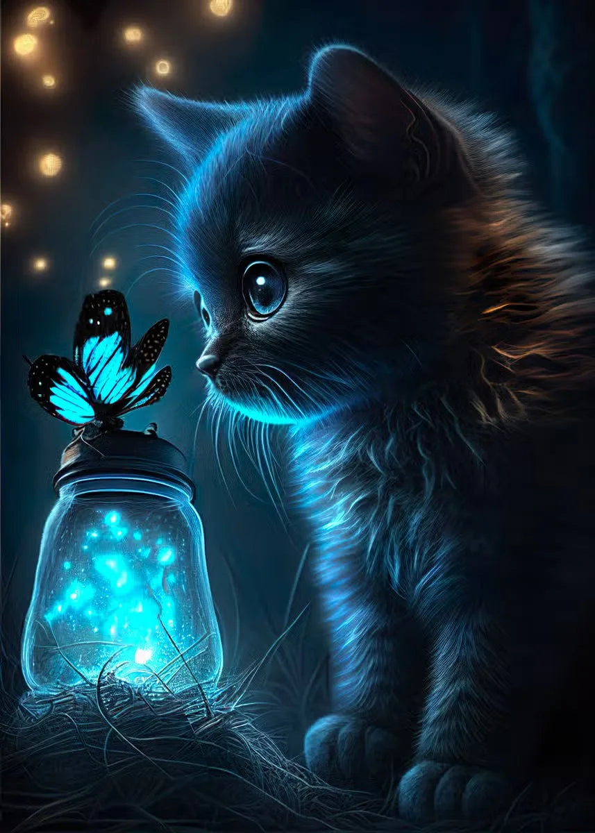 Cute Animal Poster Blue Fluorescence Butterfly Lion Dog Monkey Tiger Prints Canvas Painting Wall Art Picture Kids Room Decor